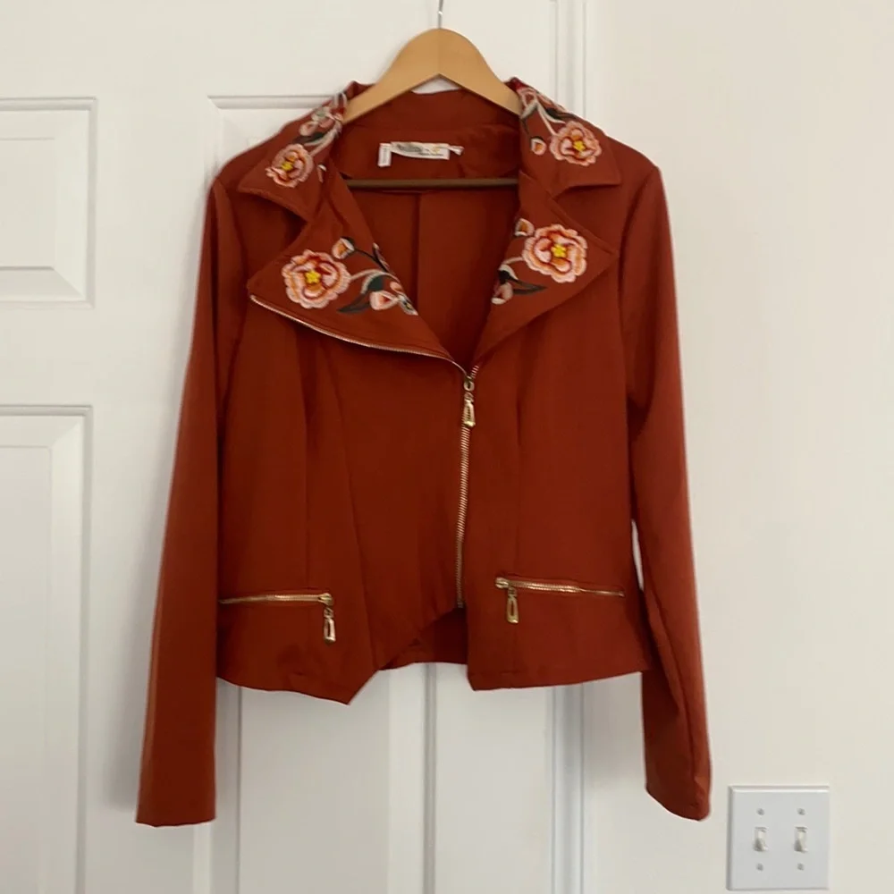 Embroidered Jacket with Asymmetrical Zipper - Picture 1 of 9